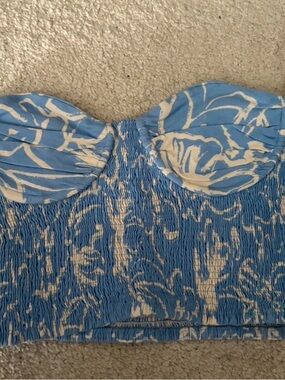 Blue and White Smocked Strapless Crop Top